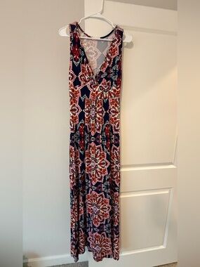 Loveappella Navy Maxi Dress with Red and White Floral Print